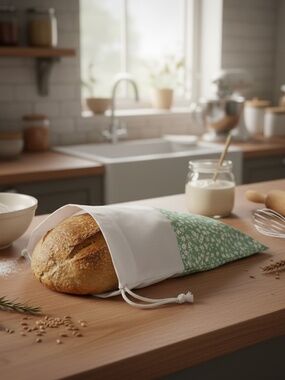 Light Green Floral Organic Cotton Bread Bag, Reusable Bread Storage Bag